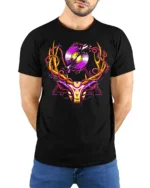 Neon Deer Head T-Shirt with Vinyl Record and Antlers Art - model wearing black shirt, hands behind back