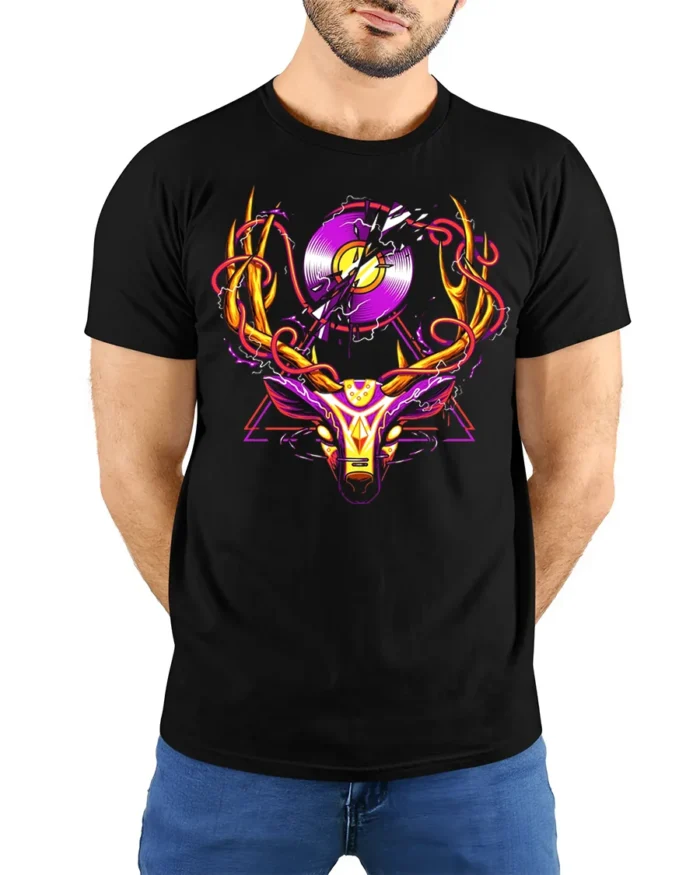 Neon Deer Head T-Shirt with Vinyl Record and Antlers Art - model wearing black shirt, hands behind back