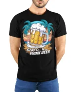 Stay Calm and Drink Beer T-Shirt Funny Beach Bar - model wearing black shirt, hands behind back