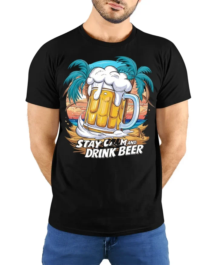 Stay Calm and Drink Beer T-Shirt Funny Beach Bar - model wearing black shirt, hands behind back