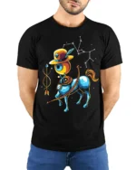 Sagittarius Zodiac T-Shirt Cool Centaur Constellation - model wearing black shirt, hands behind back
