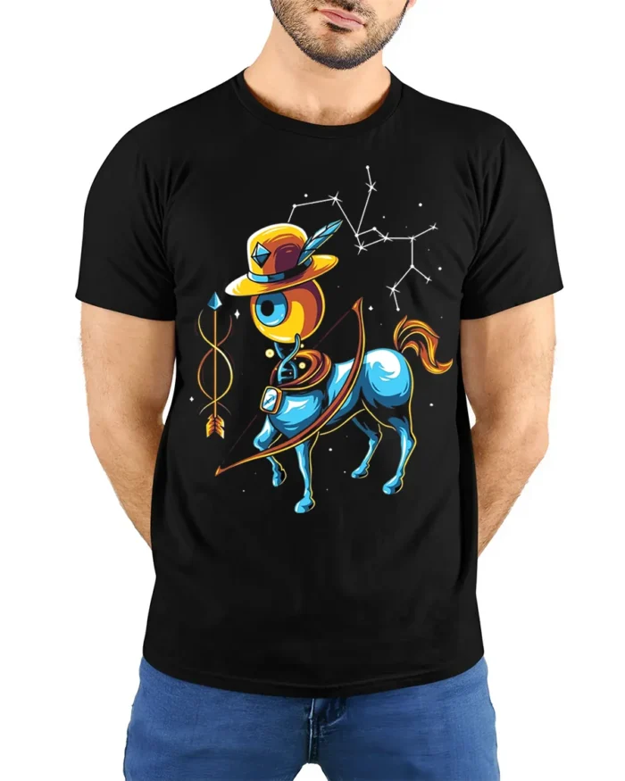 Sagittarius Zodiac T-Shirt Cool Centaur Constellation - model wearing black shirt, hands behind back
