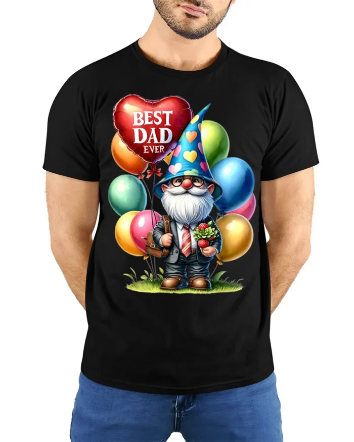Best Dad Ever T-Shirt with Gnome and Balloon Gift Art - model wearing black shirt, hands behind back
