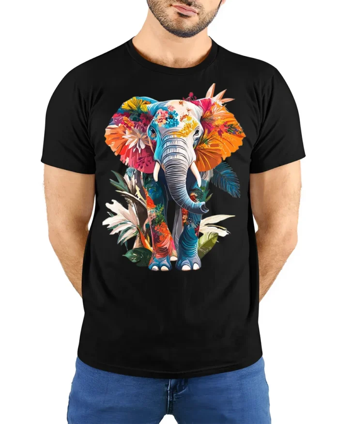 Colorful Elephant T-Shirt Tropical Floral Animal Design - model wearing black shirt, hands behind back