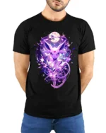 Mystic Purple Fox T-Shirt Celestial Moonlight Design - model wearing black shirt, hands behind back