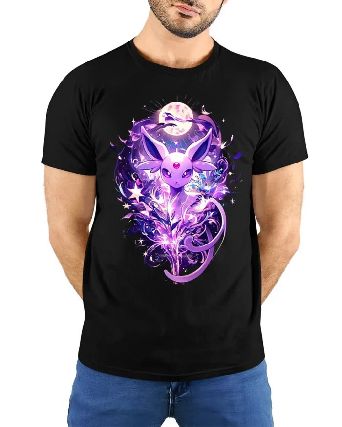 Mystic Purple Fox T-Shirt Celestial Moonlight Design - model wearing black shirt, hands behind back