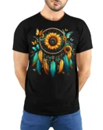 Sunflower Dreamcatcher T-Shirt with Feathers and Butterflies - model wearing black shirt, hands behind back