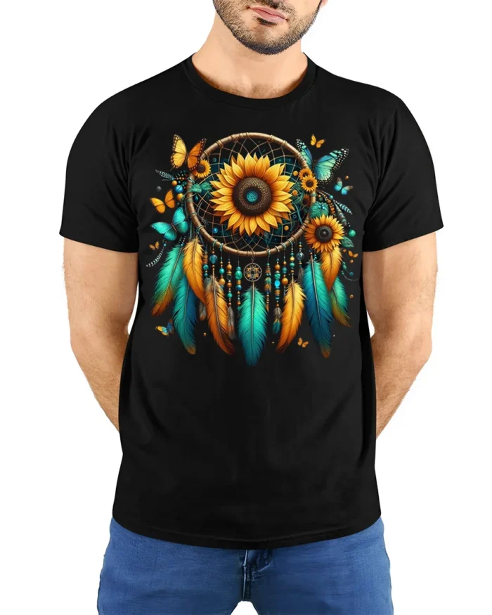 Sunflower Dreamcatcher T-Shirt with Feathers and Butterflies - model wearing black shirt, hands behind back