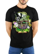 Trippy Weed Cartoon T-Shirt Vibes Stoner Graphic - model wearing black shirt, hands behind back