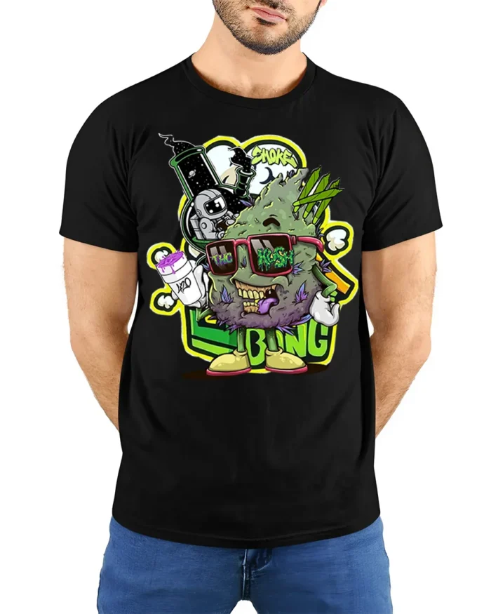 Trippy Weed Cartoon T-Shirt Vibes Stoner Graphic - model wearing black shirt, hands behind back