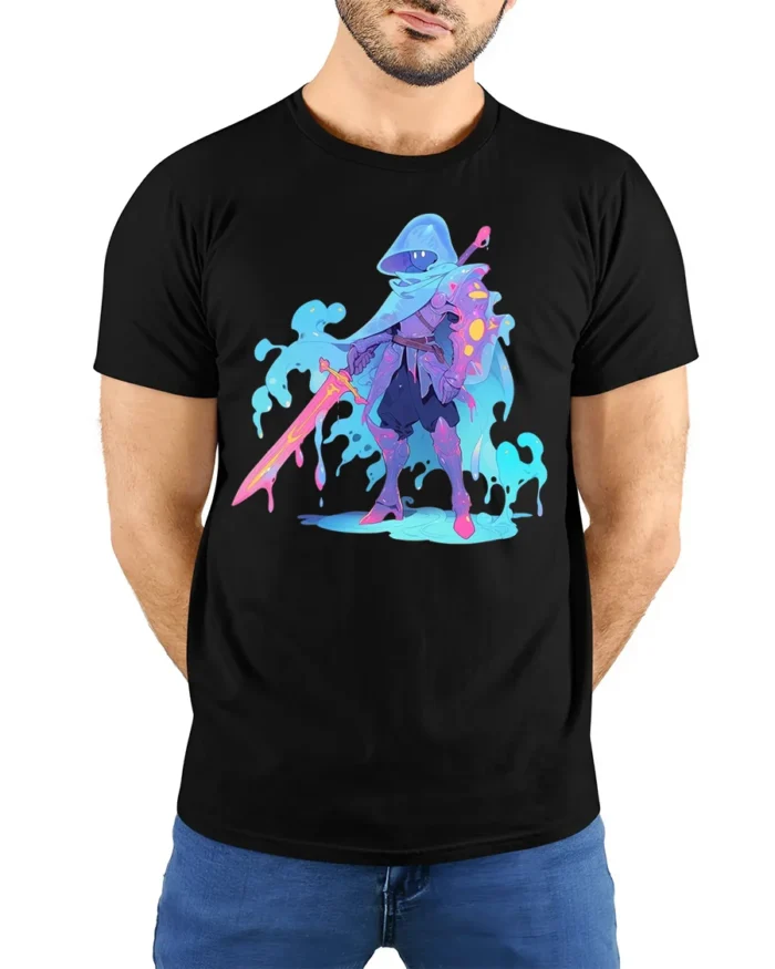 Neon Liquid Knight T-Shirt Fantasy Warrior Graphic - model wearing black shirt, hands behind back