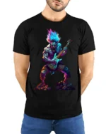 Neon Rock Monster T-Shirt Electric Guitar Graphic - model wearing black shirt, hands behind back