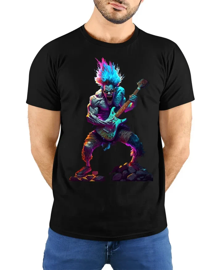 Neon Rock Monster T-Shirt Electric Guitar Graphic - model wearing black shirt, hands behind back
