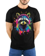 Colorful Raccoon Headphones T-Shirt Music Vibe - model wearing black shirt, hands behind back