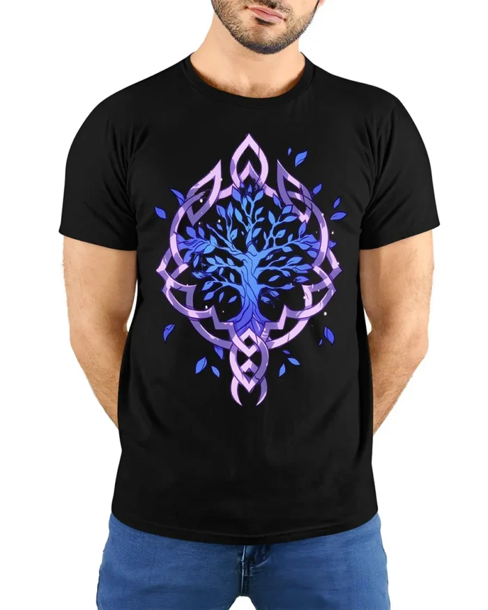 Celtic Tree of Life T-Shirt Blue Mystic Nature Design - model wearing black shirt, hands behind back