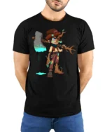 Tree Warrior Boy T-Shirt Fantasy Axe Character Graphic - model wearing black shirt, hands behind back