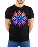 Psychedelic Mandala Flower T-Shirt Neon Chakra Energy - model wearing black shirt, hands behind back