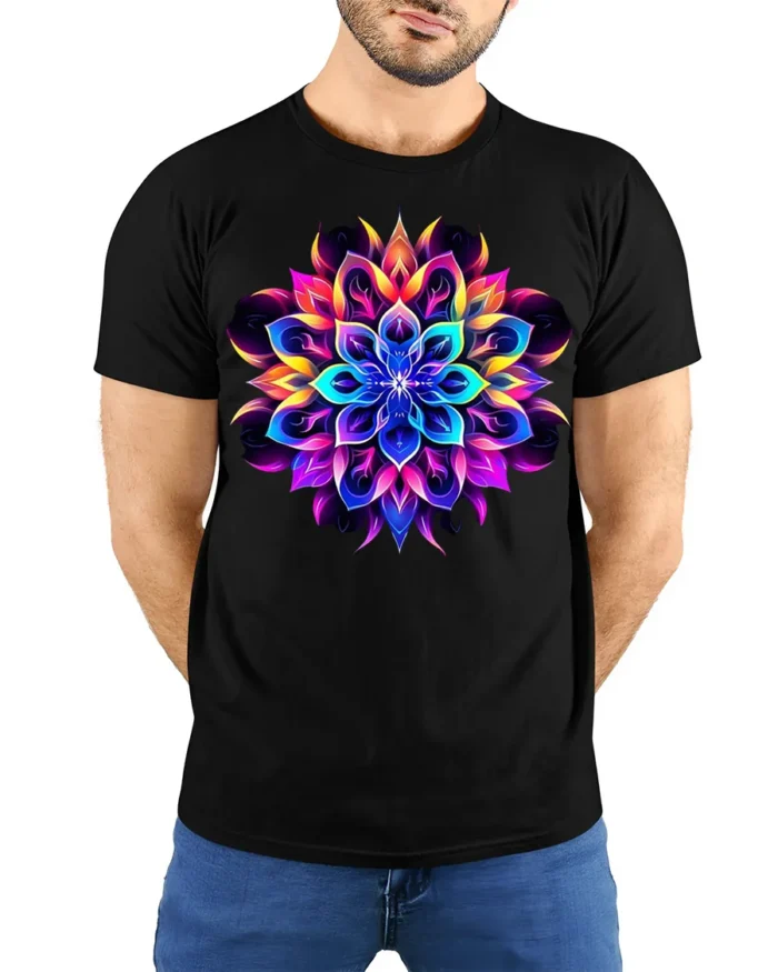 Psychedelic Mandala Flower T-Shirt Neon Chakra Energy - model wearing black shirt, hands behind back
