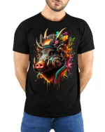 Cyber Boar T-Shirt Futuristic Tech Animal Graphic - model wearing black shirt, hands behind back