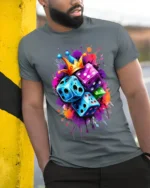 Color Dice Crown Splash Art Graphic T-Shirt for Men - model in grey shirt leaning against column