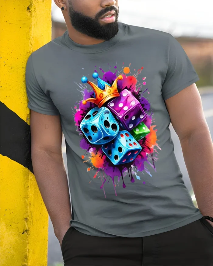 Color Dice Crown Splash Art Graphic T-Shirt for Men - model in grey shirt leaning against column