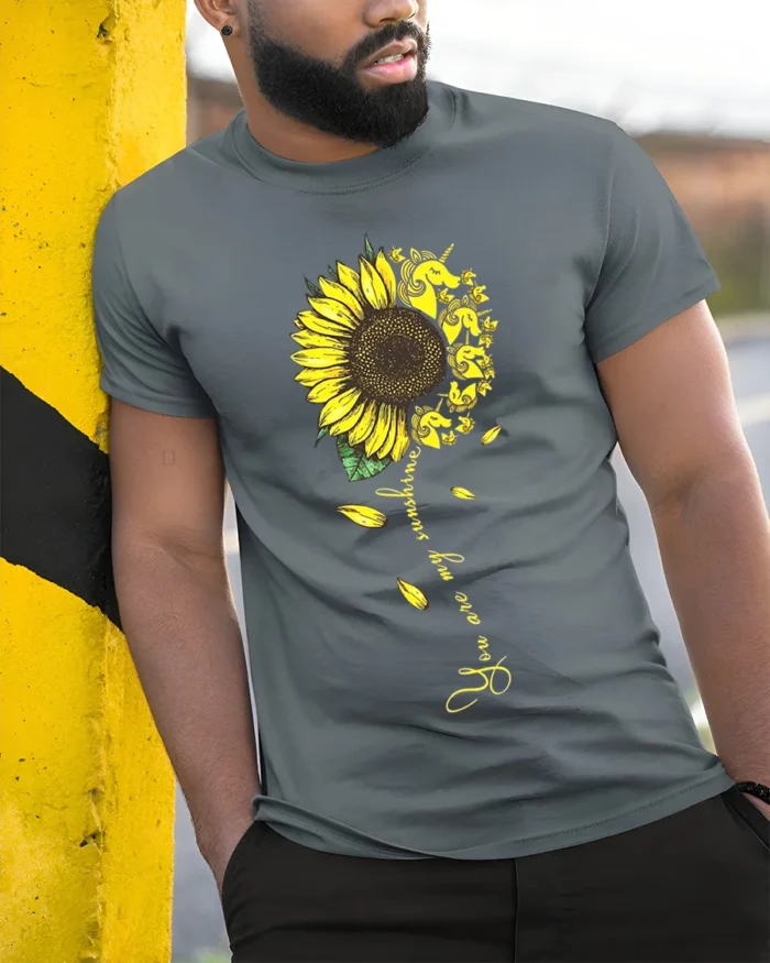 You Are My Sunshine Unicorn Sunflower T-Shirt Gift - model in grey shirt leaning against column