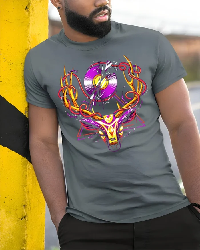 Neon Deer Head T-Shirt with Vinyl Record and Antlers Art - model in grey shirt leaning against column