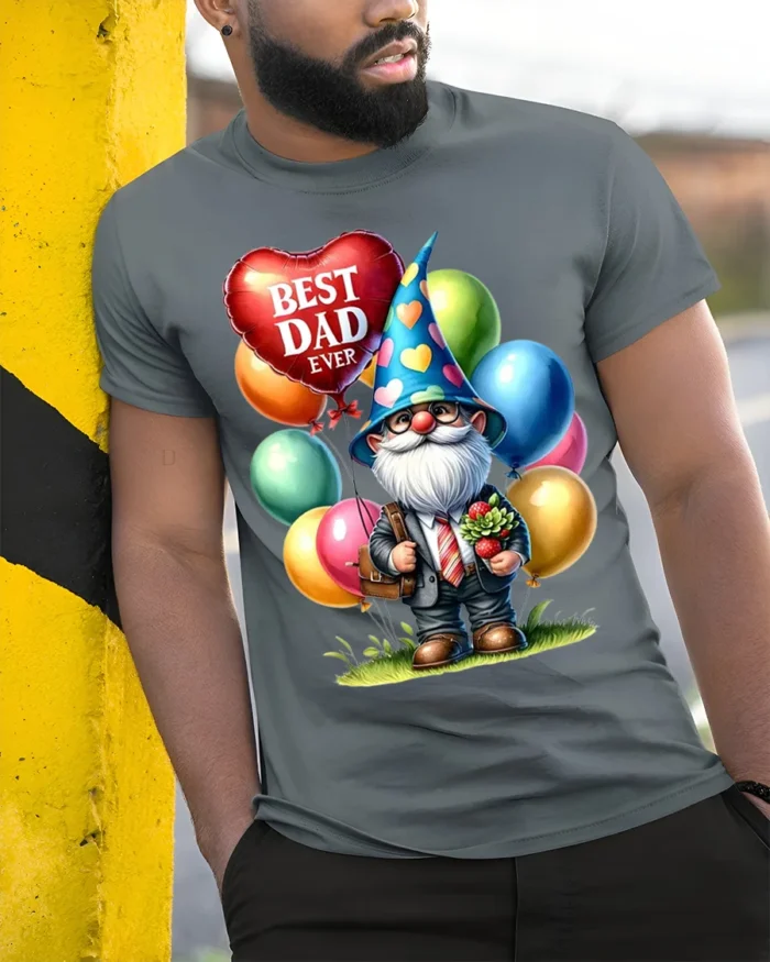 Best Dad Ever T-Shirt with Gnome and Balloon Gift Art - model in grey shirt leaning against column