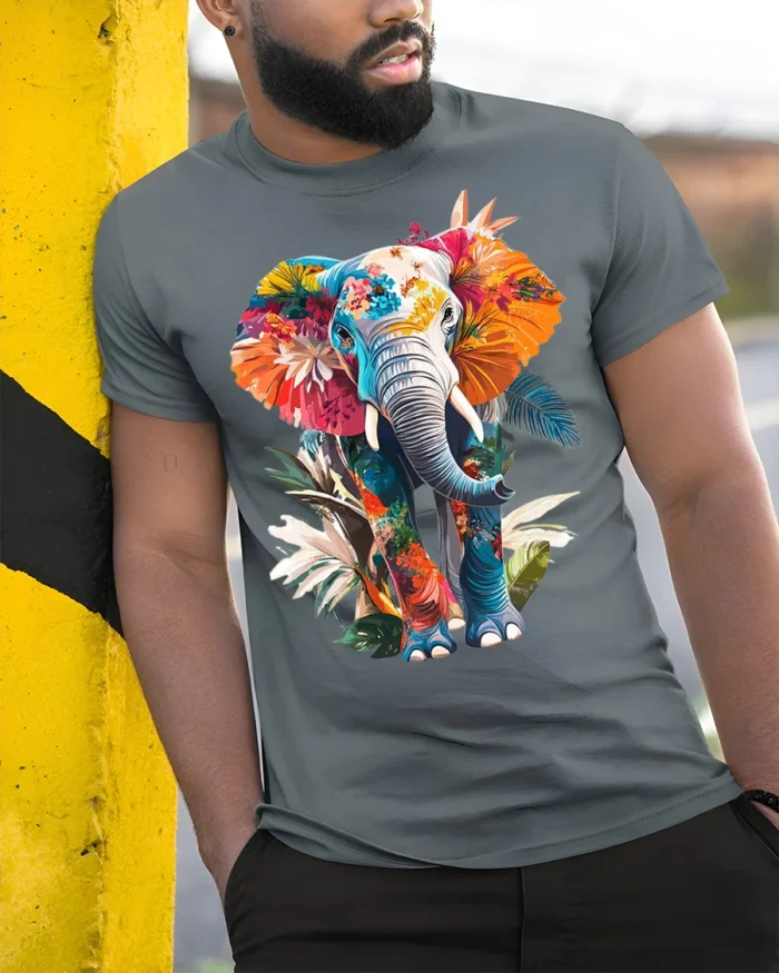 Colorful Elephant T-Shirt Tropical Floral Animal Design - model in grey shirt leaning against column