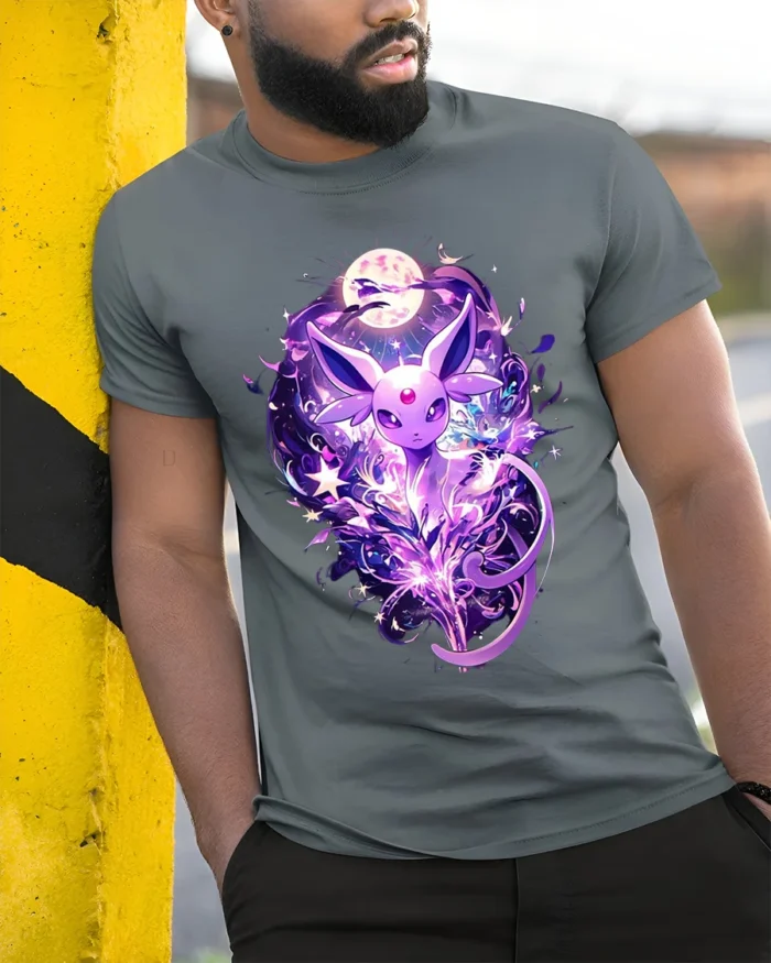 Mystic Purple Fox T-Shirt Celestial Moonlight Design - model in grey shirt leaning against column