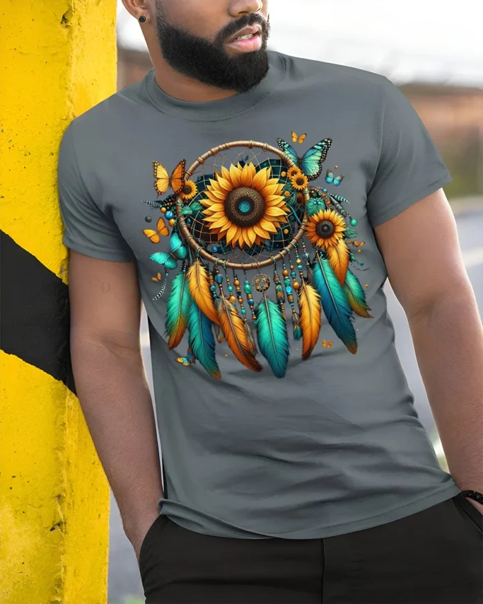 Sunflower Dreamcatcher T-Shirt with Feathers and Butterflies - model in grey shirt leaning against column