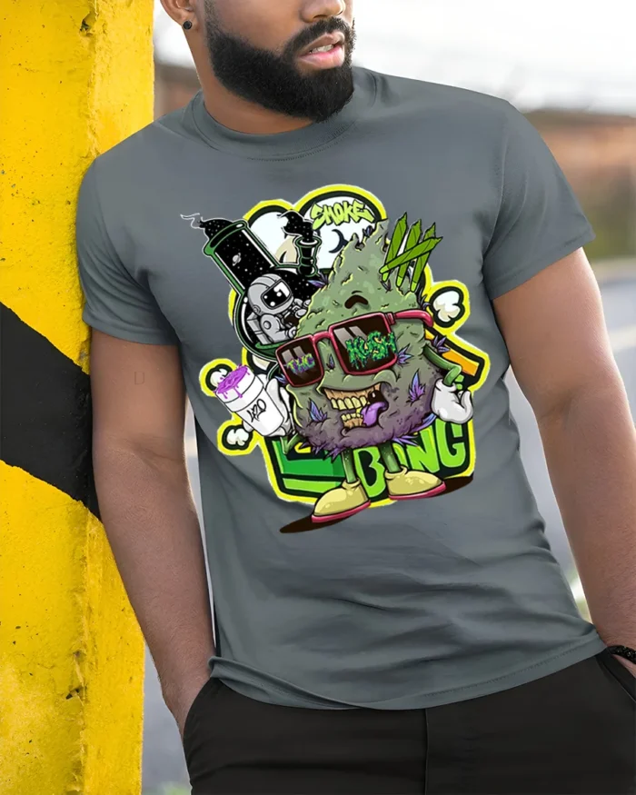 Trippy Weed Cartoon T-Shirt Vibes Stoner Graphic - model in grey shirt leaning against column