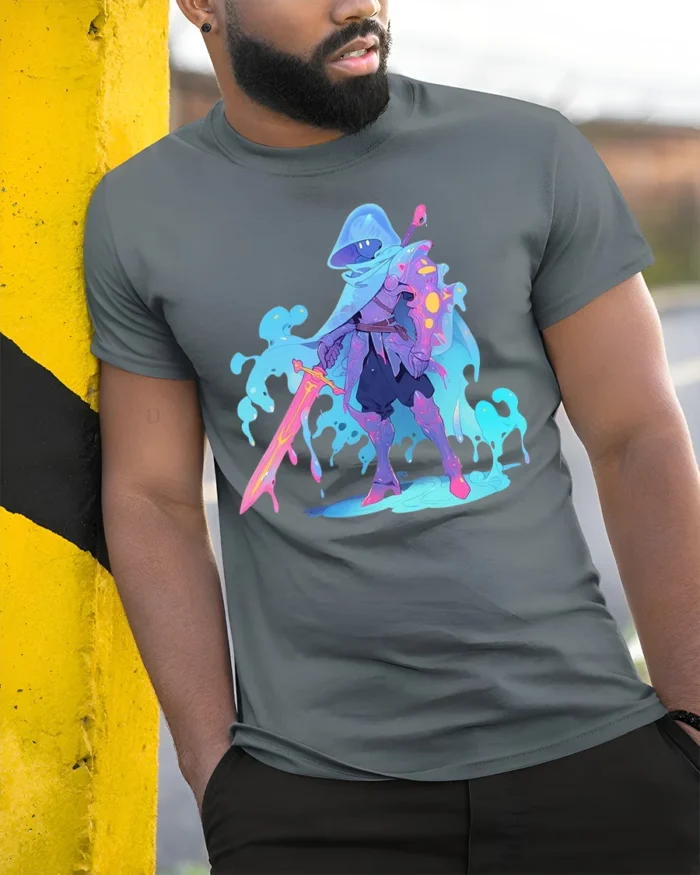 Neon Liquid Knight T-Shirt Fantasy Warrior Graphic - model in grey shirt leaning against column