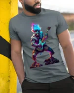 Neon Rock Monster T-Shirt Electric Guitar Graphic - model in grey shirt leaning against column