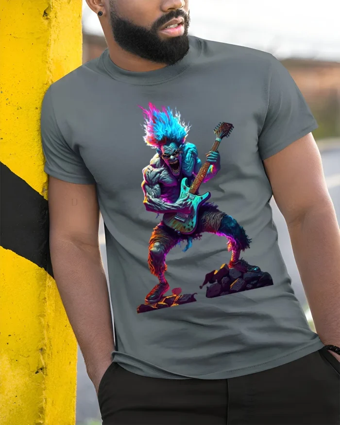 Neon Rock Monster T-Shirt Electric Guitar Graphic - model in grey shirt leaning against column