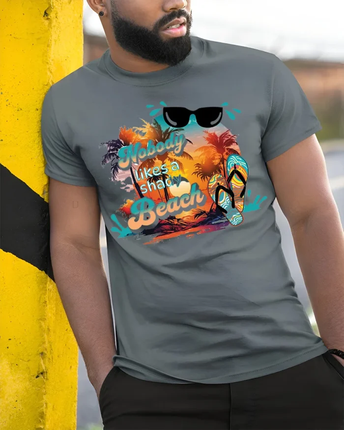 Funny Beach T-Shirt Nobody Likes a Shady Beach - model in grey shirt leaning against column