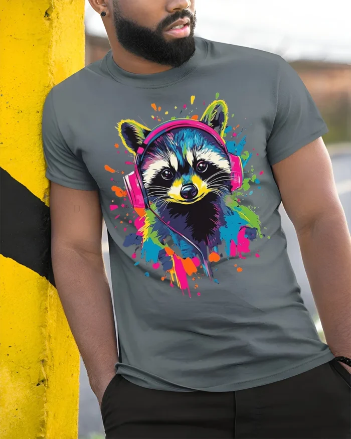 Colorful Raccoon Headphones T-Shirt  Music Vibe - model in grey shirt leaning against column
