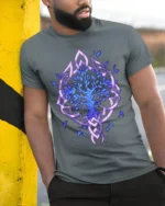 Celtic Tree of Life T-Shirt Blue Mystic Nature Design - model in grey shirt leaning against column