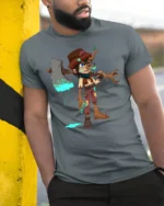 Tree Warrior Boy T-Shirt Fantasy Axe Character Graphic - model in grey shirt leaning against column