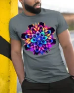 Psychedelic Mandala Flower T-Shirt Neon Chakra Energy - model in grey shirt leaning against column