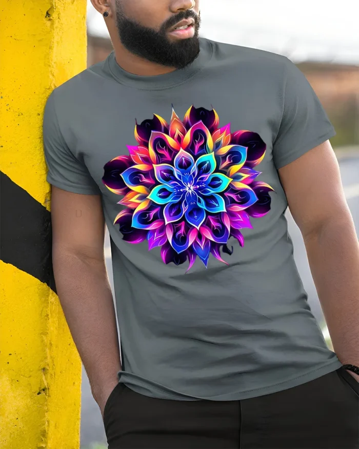 Psychedelic Mandala Flower T-Shirt Neon Chakra Energy - model in grey shirt leaning against column