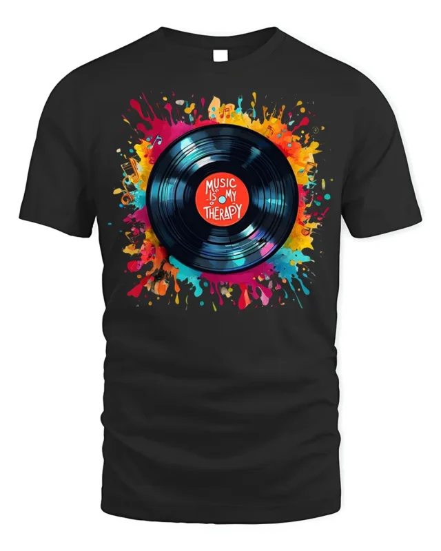 Music Is My Therapy T-Shirt Color Splash Vinyl Design - black t-shirt on white background
