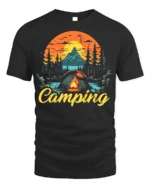 Vintage Camping T-Shirt Tent Fire Forest Mountain Sunset - black t-shirt on white background