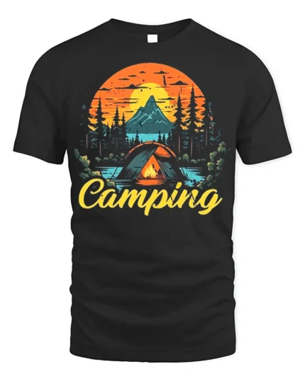 Vintage Camping T-Shirt Tent Fire Forest Mountain Sunset - black t-shirt on white background