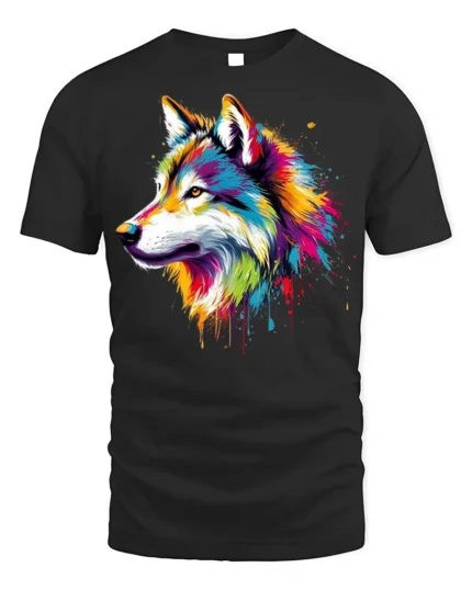 Colorful Wolf T-Shirt with Artistic Tribal Style Design - black t-shirt on white background