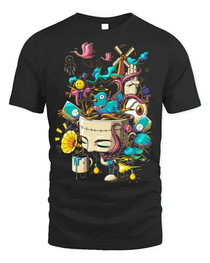 Surreal Art Explosion T-Shirt with Abstract Dream Design - black t-shirt on white background