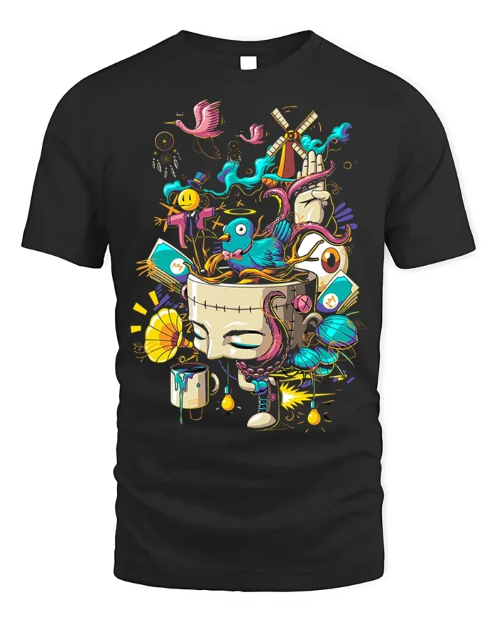 Surreal Art Explosion T-Shirt with Abstract Dream Design - black t-shirt on white background