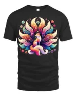 Colorful Nine Tailed Fox T-Shirt with Fantasy Art Design - black t-shirt on white background