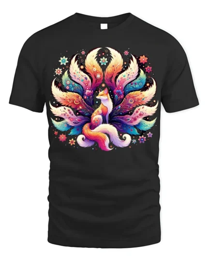 Colorful Nine Tailed Fox T-Shirt with Fantasy Art Design - black t-shirt on white background