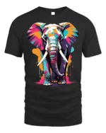 Colorful Elephant T-Shirt with Artistic Wildlife Design - black t-shirt on white background